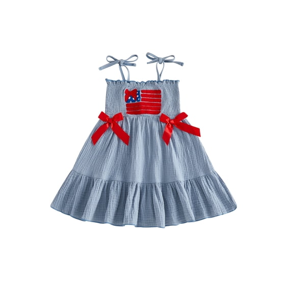 BemeyourBBs Kids Toddler Baby Girl 4th of July Dress Outfit Baby Girl Independent Day Summer Dress Patriot American Flag Embroidery Spaghetti Strap Sleeveless Square Neck Ruffled Dress