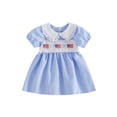 thumbnail image 1 of BemeyourBBs Kids Toddler Baby Girl 4th of July Dress Outfit Patriot Independent Day Clothes Little Baby Girl Summer Smocked Dress Bow American Flag Embroidery Short Sleeve Doll Collar Plaid Dress, 1 of 9