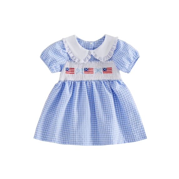 BemeyourBBs Kids Toddler Baby Girl 4th of July Dress Outfit Patriot Independent Day Clothes Little Baby Girl Summer Smocked Dress Bow American Flag Embroidery Short Sleeve Doll Collar Plaid Dress