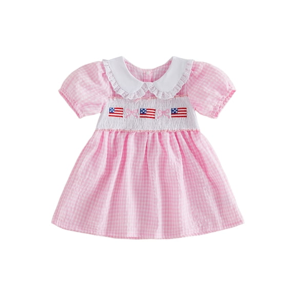 BemeyourBBs Kids Toddler Baby Girl 4th of July Dress Outfit Patriot Independent Day Clothes Little Baby Girl Summer Smocked Dress Bow American Flag Embroidery Short Sleeve Doll Collar Plaid Dress