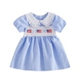 thumbnail image 1 of BemeyourBBs Kids Toddler Baby Girl 4th of July Dress Outfit Patriot Independent Day Clothes Little Baby Girl Summer Smocked Dress Bow American Flag Embroidery Short Sleeve Doll Collar Plaid Dress, 1 of 2