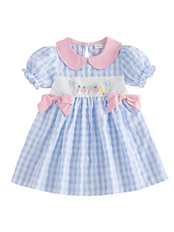 Kids Toddler Baby Girl Back to School Dress Outfit 2 3 4 5 6 Years Little Girl Summer Plaid Gingham Dress Short Sleeve Doll Collar Apple Scissors Pencil Embroidered Dress