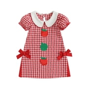 BemeyourBBs Kids Toddler Baby Girl Back to School Dress Outfit Pre Kindergarten Outfits Little Girl Summer Plaid Gingham Dress Puff Short Sleeve Doll Collar Apple Embroidery A-line Dress