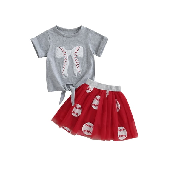 BemeyourBBs Kids Toddler Baby Girl Baseball Outfit Infant Baby Girls Summer Clothes Cute Bowknot Embroidery Short Sleeve T Shirt Tops Tulle Tutu Skirt Set 2Pcs Toddler Baby Girl Summer Outfit