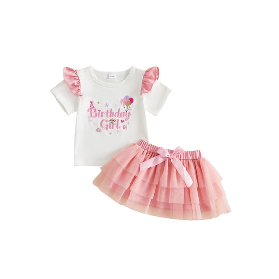 BemeyourBBs Kids Toddler Baby Girl Birthday Outfit 1 2 3 4 Years Old Birthday Summer Clothes Ruffle Short Sleeve Embroidery Letters T-shirt with Tulle Tutu Skirt Set