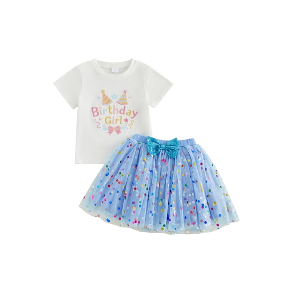 BemeyourBBs Kids Toddler Baby Girl Birthday Outfits 1 2 3 4 5 Years Birthday Girl Clothes Letter Embroidery Short Sleeve T-Shirt and Elastic Sequins Dot Tulle Tutu Skirt Set Baby Girl Summer Clothes