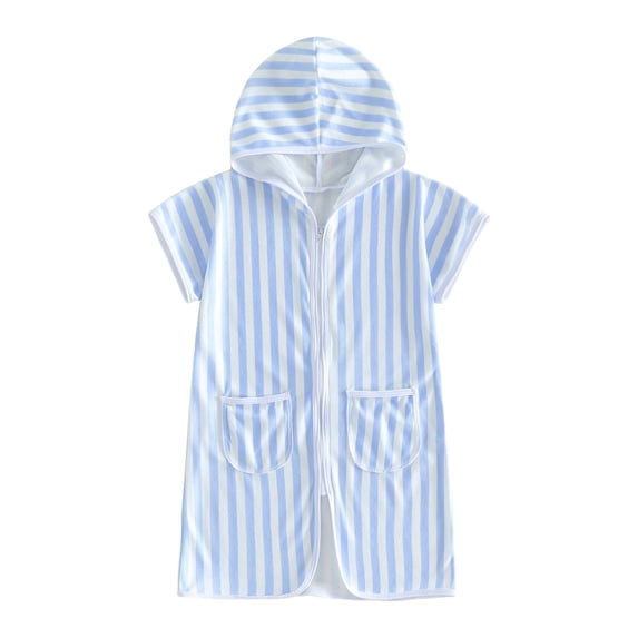 BemeyourBBs Kids Toddler Baby Girl Boy Terry Swim Cover Up Summer Beach Swimsuit Coverups Wearable Beach Towels For Kids Zip Up Short Sleeve Striped Hooded Bathing Suit Cover Up One Piece Swimsuits