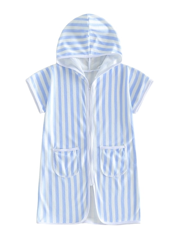 Kids Toddler Baby Girl Boy Terry Swim Cover Up Summer Beach Swimsuit Coverups Wearable Beach Towels For Kids Zip Up Short Sleeve Striped Hooded Bathing Suit Cover Up One Piece Swimsuits