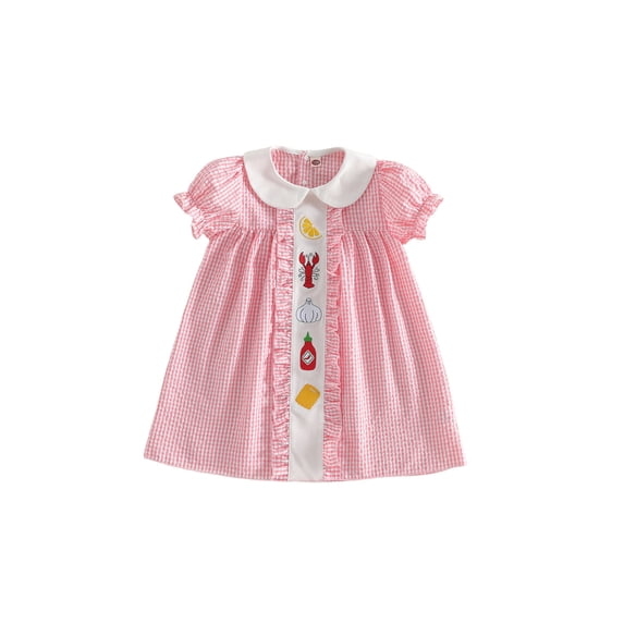 BemeyourBBs Kids Toddler Baby Girl Crawfish Dress Outfit Cute Lobster Embroidered Plaid Gingham Bubble Dress Short Sleeve Doll Collar Princess Dress Summer Clothes Party Casual Dress