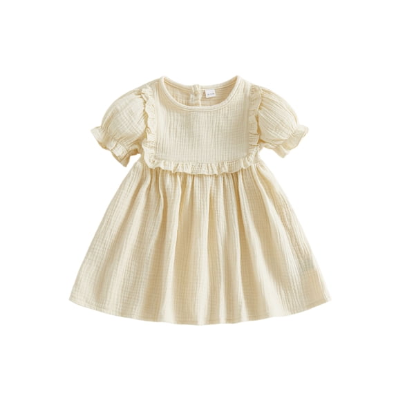 BemeyourBBs Kids Toddler Baby Girl Summer Cotton Linen Dress Clothes Puff Short Sleeve Ruffle Crew Neck Solid A-line Dress