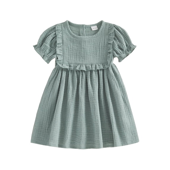 BemeyourBBs Kids Toddler Baby Girl Summer Cotton Linen Dress Clothes Puff Short Sleeve Ruffle Crew Neck Solid A-line Dress