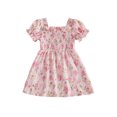thumbnail image 1 of BemeyourBBs Kids Toddler Baby Girl Summer Smocked Dress Cute Little Girl Sundress Short Sleeve Square Neck Pleated Flower Print Casual Princess Party Dress Clothes, 1 of 9