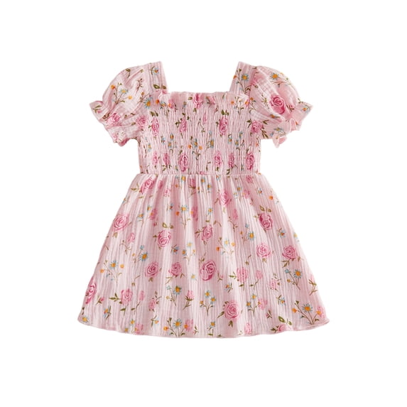 BemeyourBBs Kids Toddler Baby Girl Summer Smocked Dress Cute Little Girl Sundress Short Sleeve Square Neck Pleated Flower Print Casual Princess Party Dress Clothes