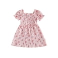 thumbnail image 1 of BemeyourBBs Kids Toddler Baby Girl Summer Smocked Dress Cute Little Girl Sundress Short Sleeve Square Neck Pleated Flower Print Casual Princess Party Dress Clothes, 1 of 9