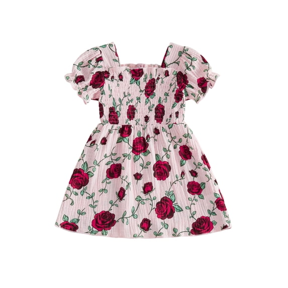 BemeyourBBs Kids Toddler Baby Girl Summer Smocked Dress Cute Little Girl Sundress Short Sleeve Square Neck Pleated Flower Print Casual Princess Party Dress Clothes
