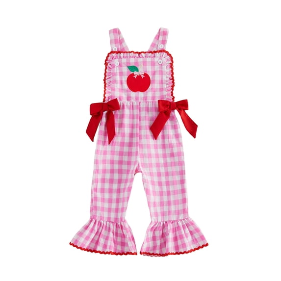 BemeyourBBs Kids Toddler Baby Girls Back to School Outfit Pre Kindergarten Outfits Summer Plaid Romper Overalls Clothes Apple Embroidery Sleeveless Square Neck Bell Bottoms Jumpsuit Overall