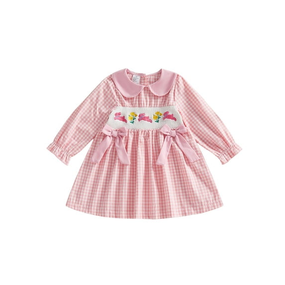 BemeyourBBs Kids Toddler Baby Girls Easter Dress Outfits Puff Long Sleeve Doll Collar Plaid Embroidery Bunny Summer Dress Spring Clothes