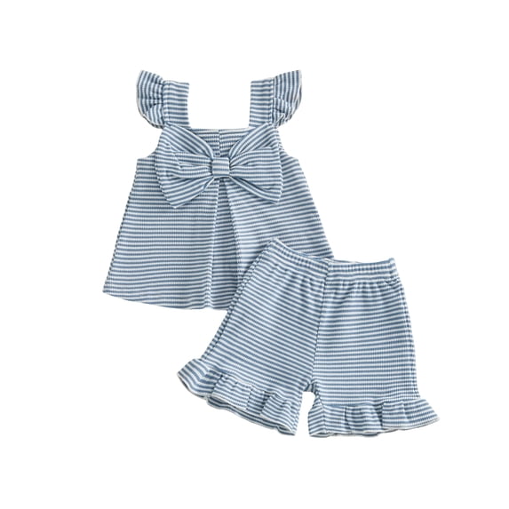 BemeyourBBs Kids Toddler Baby Girls Summer Clothes 2 Pieces Waffle Knit Striped Fly Sleeve Bow Camisole Tank Top with Ruffle Shorts Set