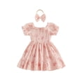 thumbnail image 1 of BemeyourBBs Kids Toddler Baby Girls Summer Smocked Dress Little Girl Cotton Linen Outfit Bow Print Short Sleeve Square Neck Ruffle Dress and Headband Set, 1 of 9