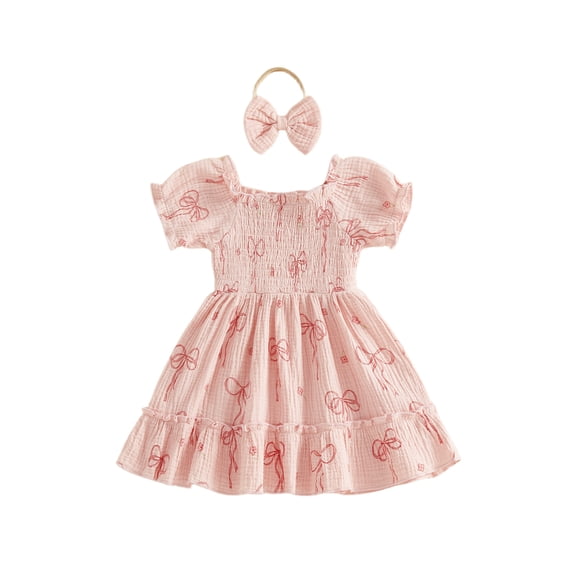 BemeyourBBs Kids Toddler Baby Girls Summer Smocked Dress Little Girl Cotton Linen Outfit Bow Print Short Sleeve Square Neck Ruffle Dress and Headband Set