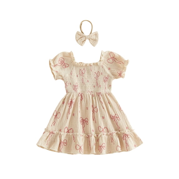BemeyourBBs Kids Toddler Baby Girls Summer Smocked Dress Little Girl Cotton Linen Outfit Bow Print Short Sleeve Square Neck Ruffle Dress and Headband Set