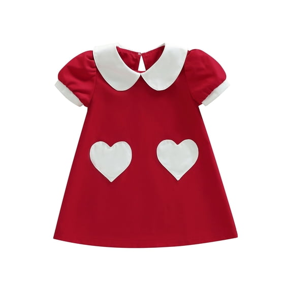 BemeyourBBs Kids Toddler Baby Girls Valentines Day Outfit Red Heart Spring Dress Short Sleeve Doll Collar Heart Print Princess Dress