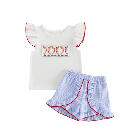 BemeyourBBs Kids Toddler Girls Baseball Outfit Cute Infant Baby Girl Summer Clothes Fly Sleeve Embroidery Baseball T-shirt with Ruffle Plaid Shorts Set Toddler Girls Summer 2-piece Outfit