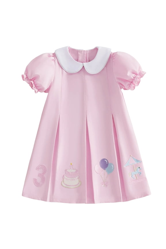 Kids Toddler Girls Pink Birthday Day Dress Outfit 1 2 3 4 5 6 Years Old Birthday Summer Clothes Little Girl Puff Short Sleeve Doll Collar Carousel Balloon Cake Embroidery Dress