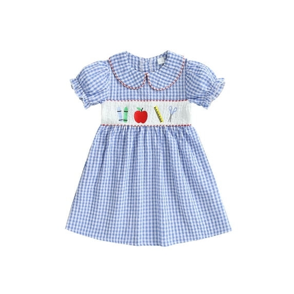 BemeyourBBs Little Girl Back to School Dress Embroidered Plaid Short Sleeve Dress