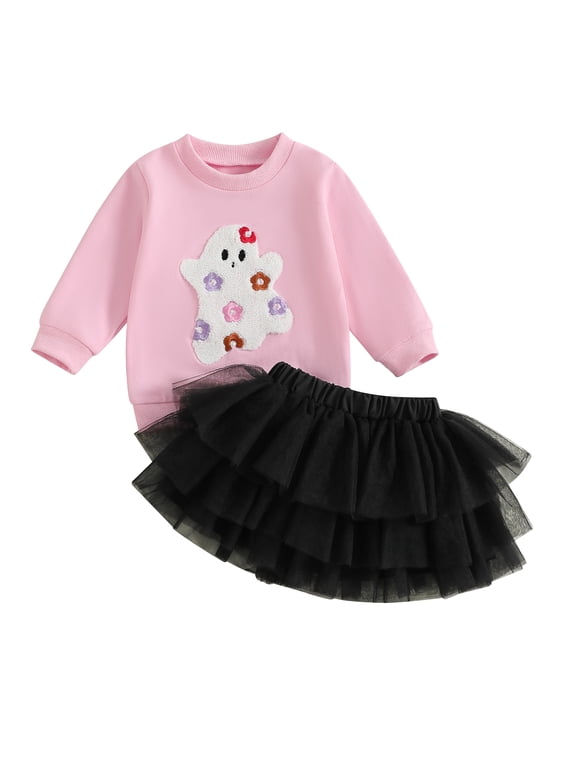 Little Girl Halloween Outfit Ghost Long Sleeve Sweatshirt Tulle Skirt