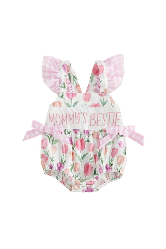 Mama's Bestie Baby Girl Summer Clothes Newborn Baby Girl Mommy's Bestie Outfit Tulip Print Romper Letter Embroidery Square Neck Plaid Flying Sleeve Front Bow Bodysuit Jumpsuit Playsuit