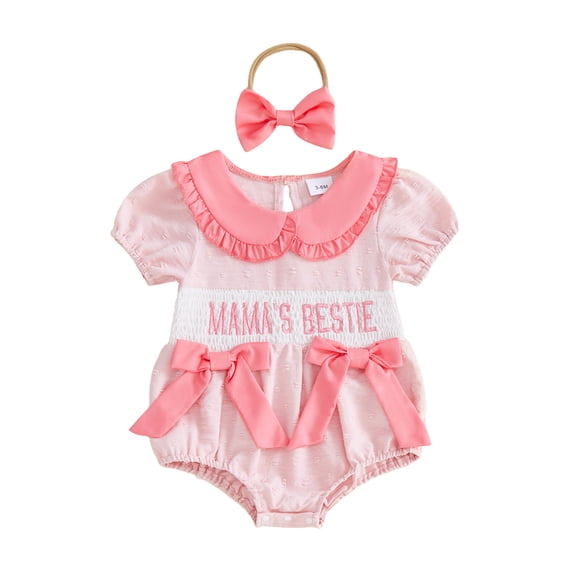 BemeyourBBs Mama's Bestie Baby Girls Summer Newborn Baby Girl Smocked Romper Outfits Adorable Letter Embroidery Short Sleeve Doll Collar Bodysuit And Headband Set