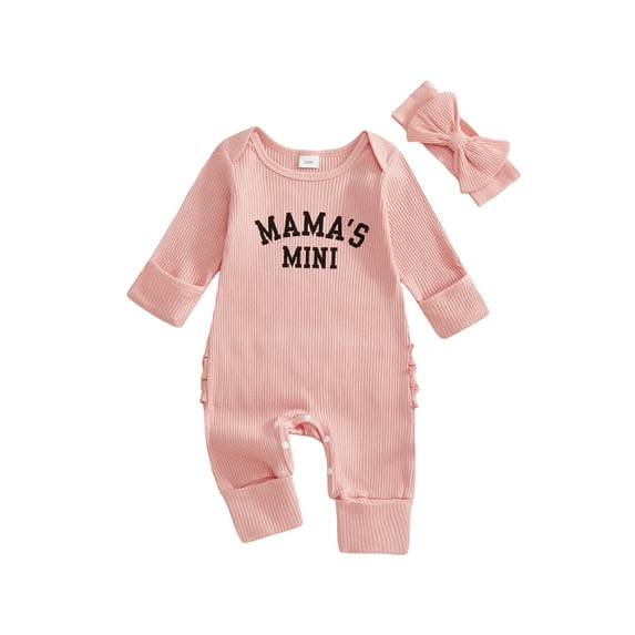 BemeyourBBs Mama's Girl Outfits Newborn Baby Girl Rib Kniited Romper with Headband Long Sleeve Letter Ruffle Jumpsuit