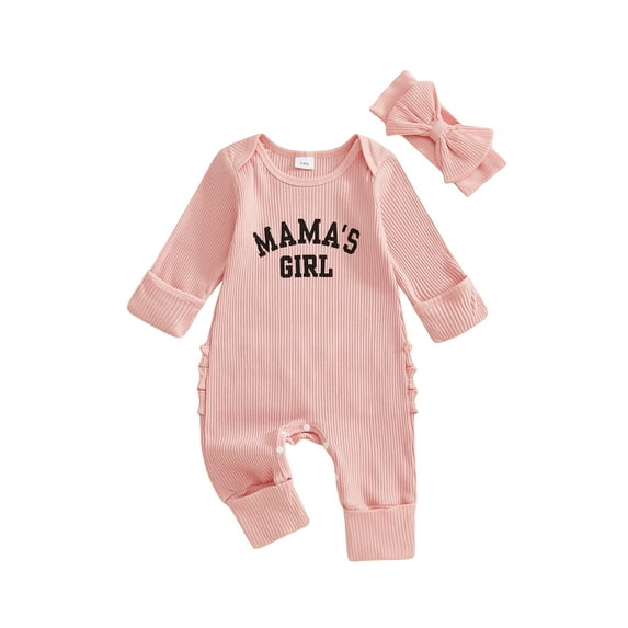 BemeyourBBs Mama's Girl Outfits Newborn Baby Girl Rib Kniited Romper with Headband Long Sleeve Letter Ruffle Jumpsuit