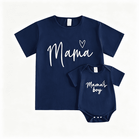 BemeyourBBs Mommy and Me Matching Family Shirts Mama's Boy Outfits Baby Boys Summer Clothes Blue Short Sleeve T Shirt for Women Boy Romper Bodysuit