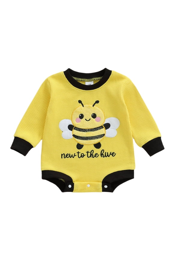 New To The Herd Baby Girl Boy Outfit Newborn Infant Bee Rompers Bee Embroidery Round Neck Long Sleeve Jumpsuits
