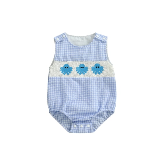 BemeyourBBs Newbor Baby Boy Summer Outfit Animal Overalls Octopus Turtle Smocked Romper One Piece Sleeveless Stripes Gingham Plaid Bodysuit Cute Infant Clothes