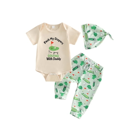 BemeyourBBs Newborm Baby Boy Spring Summer Fall Clothes Infant Baby Boy Golf Outfit Letter Golf Print Short Sleeve Romper Long Pants And Hat Set
