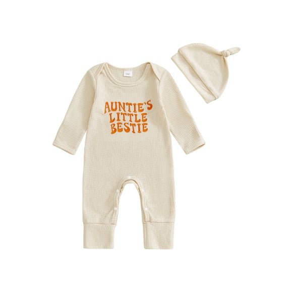 BemeyourBBs Newborn Auntie's Little Bestie Outfit Baby Boy Girl Fall Winter Spring Clothes Waffle Knit Romper Long Sleeve Letter Embroidery Jumpsuit with Hat Set