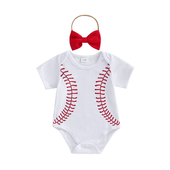 BemeyourBBs Newborn Baby Baby Girls Baseball Outfits Cute Summer Romper Clothes Short Sleeve Round Neck Baseball Themed Embroidery Bodysuit and Headband Set