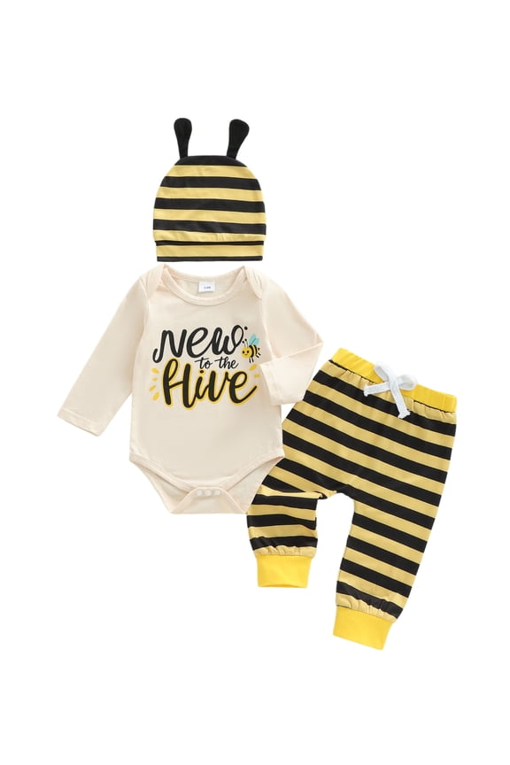 Newborn Baby Bee Outfit New to the Hive Letter Long Sleeve Romper Striped Pants and Antenna Hat Spring Fall Clothes
