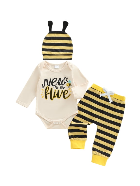 Newborn Baby Bee Outfit New to the Hive Letter Long Sleeve Romper Striped Pants and Antenna Hat Spring Fall Clothes