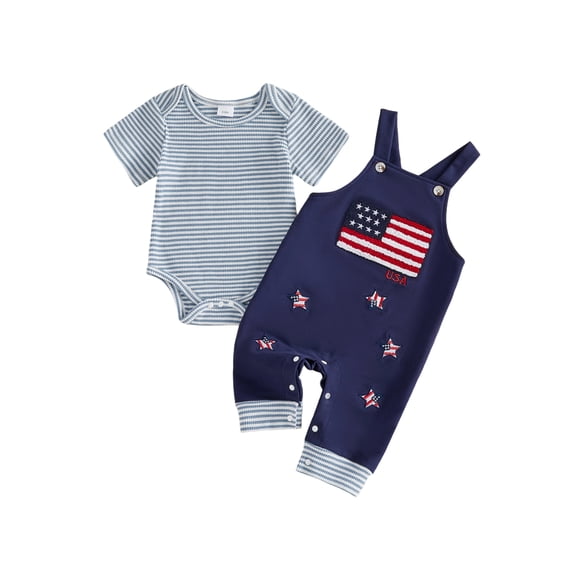 BemeyourBBs Newborn Baby Boy 4th of July Outfit Infant Baby Boy Patriot Independent Day Spring Summer Fall Clothes Fourth of July Short Sleeve Waffled Striped Romper USA Flag Overalls Long Pants Set