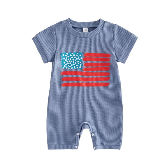BemeyourBBs Newborn Baby Boy 4th of July Outfit Patriot Independent Day Clothes Summer Waffled Romper Short Sleeve USA Flag Print One Piece Jumpsuit Playsuit