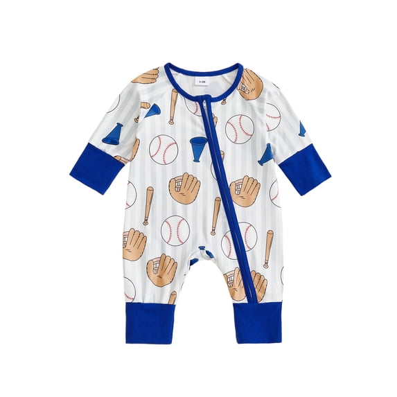 BemeyourBBs Newborn Baby Boy Baseball Outfit Romper Long Sleeve Round Neck Zip Up Full Length Jumpsuit