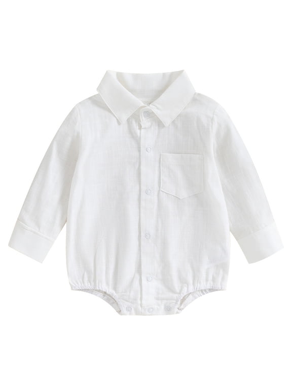 Newborn Baby Boy Button Down Shirt Infant Cotton Linen Outfits Long Sleeve Romper Gentleman Lapel Bodysuit with Pocket Spring Summer Fall Clothes