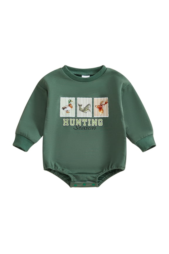 Newborn Baby Boy Duck Hunting Clothes Fall Winter Spring Outfits Bubble Romper Sweatshirt Animal Letter Print Long Sleeve Bodysuit Onepiece Clothing