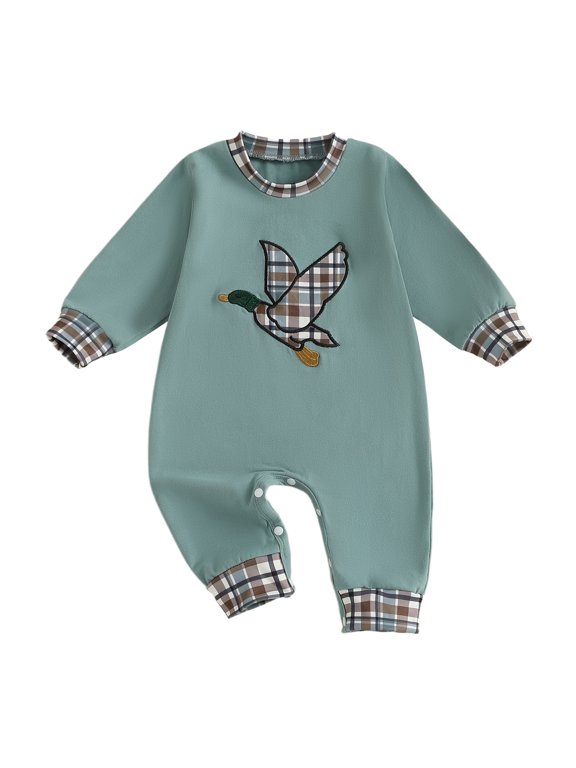 Newborn Baby Boy Duck Hunting Outfits Romper Spring Fall Winter Clothes Cute Mallard Embroidery Plaid Long Sleeve Jumpsuit One Piece Outfit