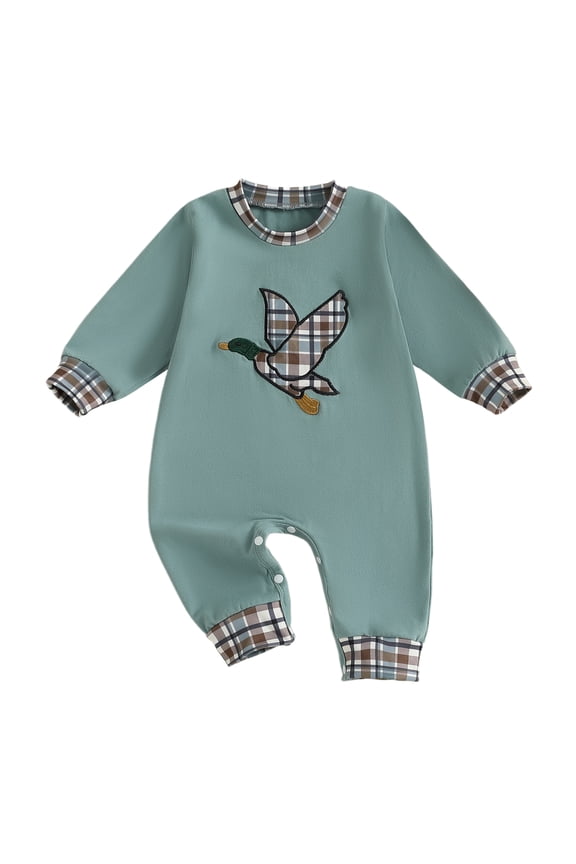 Newborn Baby Boy Duck Hunting Outfits Romper Spring Fall Winter Clothes Cute Mallard Embroidery Plaid Long Sleeve Jumpsuit One Piece Outfit