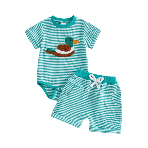 BemeyourBBs Newborn Baby Boy Duck Outfits Cute Infant Boys Summer Clothes Mallard Embroidered Striped Crew Neck Short Sleeve Romper and Shorts 2 Pcs Set